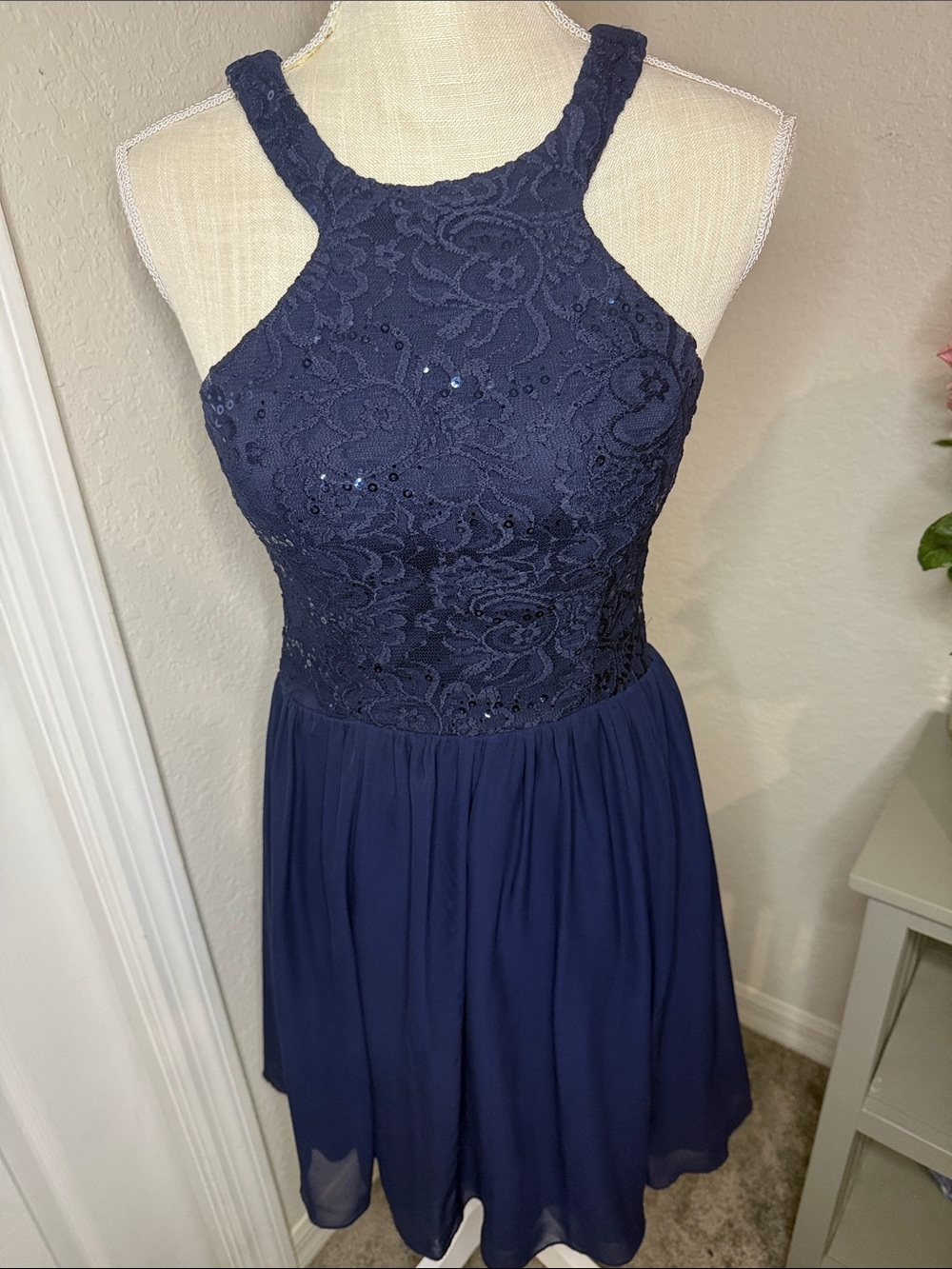 Speechless Navy Blue Lace Halter Mini Dress (Junior)